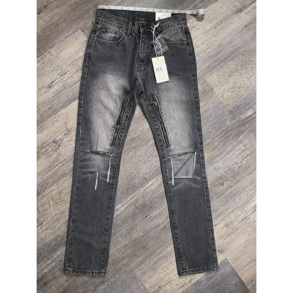 mnml D530 Zipper Straight Denim Jeans 30 Washed Black Distressed Streetwear NWT